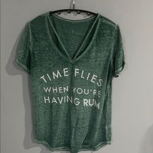 Awake Forest Green V-Neck Tee with Fun Text Medium